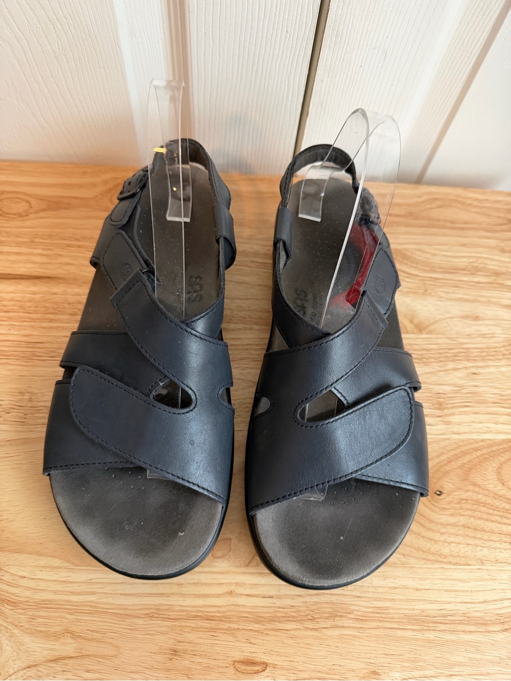 SAS Huggy Wedge Comfort Strap Suede & Navy Black Leather Sandals Women’s Sz 10 M